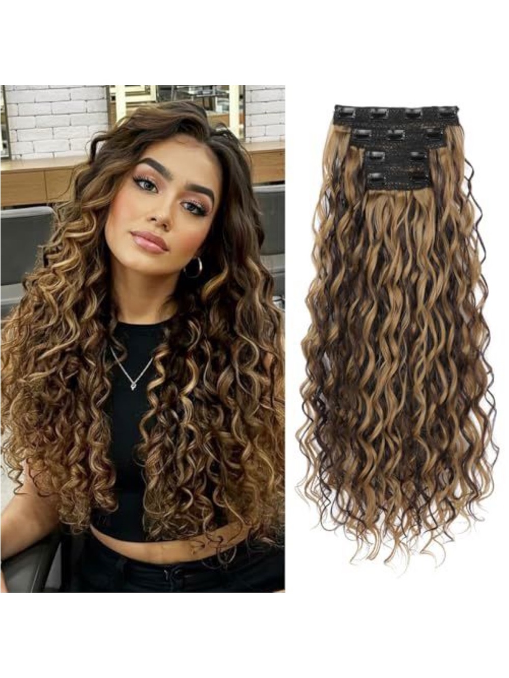 Echo Clip-In Curly Extensions - Honey Brown with Blonde Highlights